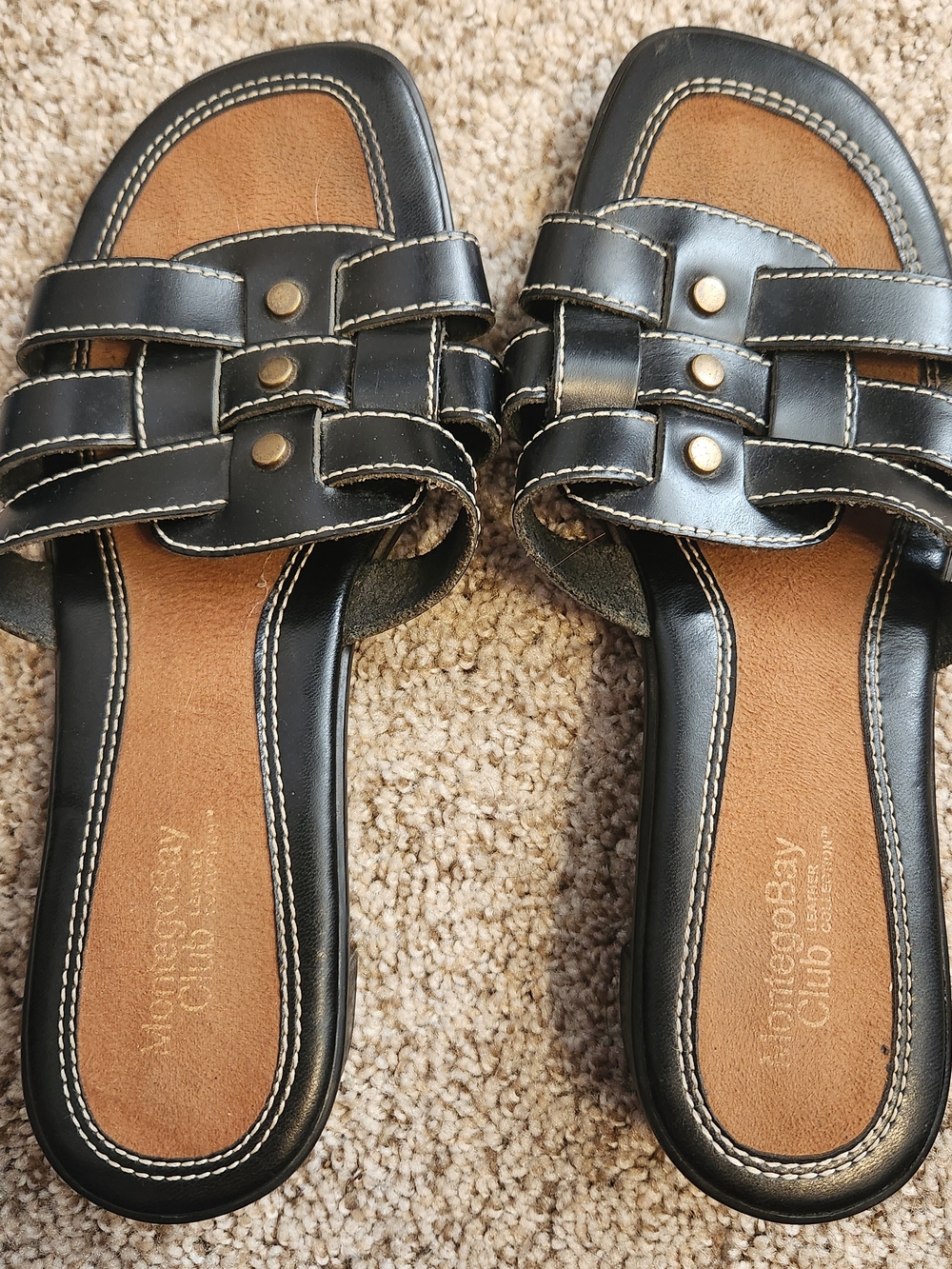 Montego Bay Club Black Leather Slide Sandals Studded Size 8.5W